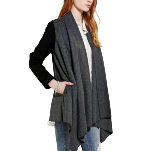 Staring At Stars Womens Gray Black Wool Blend Open Waterfall Front Cardigan M - Picture 1 of 7